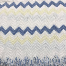 Load image into Gallery viewer, Handmade Cream, Blue &amp; Yellow Ripple Afghan with Fring (52x36)
