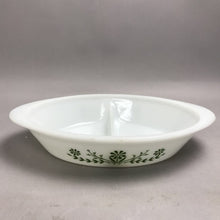 Load image into Gallery viewer, Vintage Glasbake Green Daisy Pattern Divided Oval Casserole Dish (12x8.5x2)
