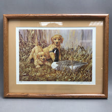 Load image into Gallery viewer, Framed and Signed James Killen Print - Great Beginnings; Yellow Lab Puppies and Canada Goose (11.5x14.5)

