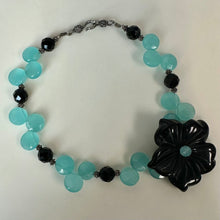 Load image into Gallery viewer, Onyx Carved Flower on Onyx &amp; Chalcedony Beaded Choker Necklace (13")
