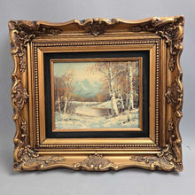 Load image into Gallery viewer, Gold Framed Oil Painting - Winter Lake Scene, Signed Wallace (15.5x18)
