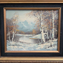 Load image into Gallery viewer, Gold Framed Oil Painting - Winter Lake Scene, Signed Wallace (15.5x18)
