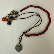 Load image into Gallery viewer, Vintage Afghani Coin Charm on Mixed Media Leather Bead Necklace (22")
