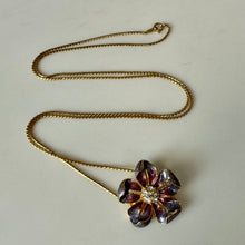Load image into Gallery viewer, Vintage Nolan Miller Goldtone Enamel Rhinestone Flower Pendant on 30" Chain

