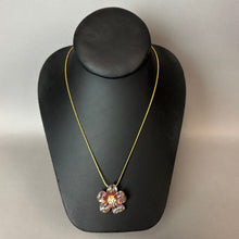 Load image into Gallery viewer, Vintage Nolan Miller Goldtone Enamel Rhinestone Flower Pendant on 30" Chain
