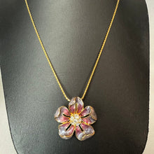 Load image into Gallery viewer, Vintage Nolan Miller Goldtone Enamel Rhinestone Flower Pendant on 30" Chain
