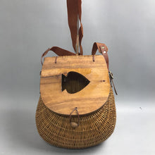 Load image into Gallery viewer, Vintage Large Wicker Fishing Creel Basket W/ Wooden Fish Lid &amp; Strap (14x11)
