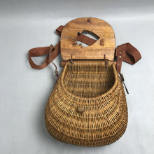 Load image into Gallery viewer, Vintage Large Wicker Fishing Creel Basket W/ Wooden Fish Lid &amp; Strap (14x11)

