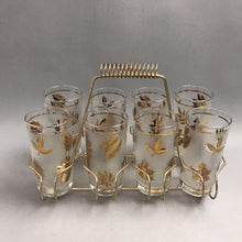 Load image into Gallery viewer, Mid-century Libby Gold Leaf Frosted Glasses Set Of 8 With Metal Carrier (5.5")
