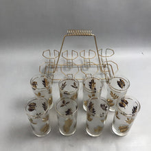 Load image into Gallery viewer, Mid-century Libby Gold Leaf Frosted Glasses Set Of 8 With Metal Carrier (5.5")
