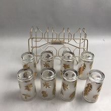 Load image into Gallery viewer, Mid-century Libby Gold Leaf Frosted Glasses Set Of 8 With Metal Carrier (5.5")
