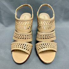 Load image into Gallery viewer, Adrienne Vittadini Nude Leather Caged Wood Heel Sandals sz 7.5 NWOB
