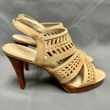Load image into Gallery viewer, Adrienne Vittadini Nude Leather Caged Wood Heel Sandals sz 7.5 NWOB
