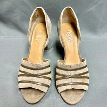 Load image into Gallery viewer, Franco Sarto Tan Suede Strappy Detail Open Toe Heels sz 7.5 NWOB
