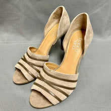 Load image into Gallery viewer, Franco Sarto Tan Suede Strappy Detail Open Toe Heels sz 7.5 NWOB
