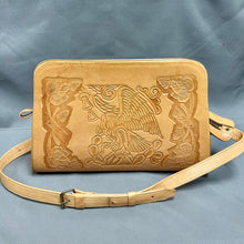 Load image into Gallery viewer, Artisan Tan Tooled Leather Mexican Mayan Imagery Purse (9x14x6")
