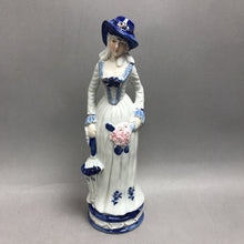 Load image into Gallery viewer, Blue &amp; White Dutch Colonial-Style Woman Figurine, Parasol &amp; Pink Flowers (12.25")
