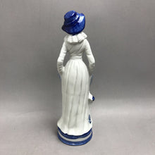 Load image into Gallery viewer, Blue &amp; White Dutch Colonial-Style Woman Figurine, Parasol &amp; Pink Flowers (12.25")
