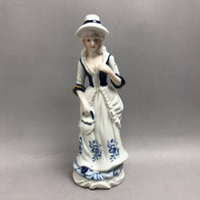 Load image into Gallery viewer, Blue &amp; White Dutch Colonial-Style Woman Figurine w/ Purse &amp; Hat (12")

