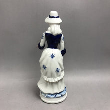 Load image into Gallery viewer, Blue &amp; White Dutch Colonial-Style Woman Figurine w/ Purse &amp; Hat (12")

