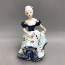 Load image into Gallery viewer, Porcelain Victorian Lady Figurine, Blue/White Floral Dress, Gilt Trim (7.5")
