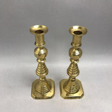 Load image into Gallery viewer, Vintage English Brass Candlesticks Beehive Diamond Push Up Set of 2 (8")
