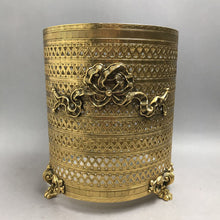 Load image into Gallery viewer, Vintage Hollywood Ribbon Regency Gold Claw Footed Wastebasket Trash Can Ormolu (10x8)
