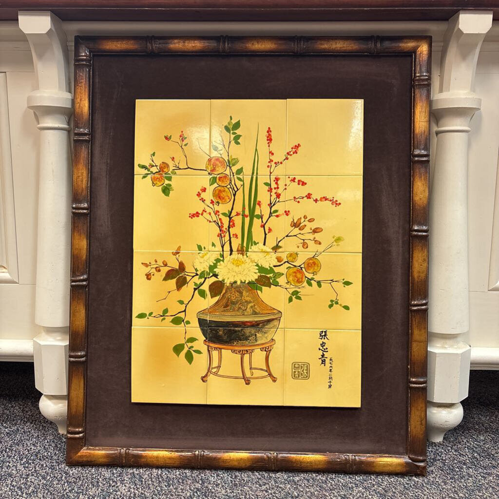 Vintage Framed And Mounted Ceramic Tile Picture Asian Wall Art