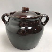 Load image into Gallery viewer, Vintage Brown Glaze Stoneware Crock Bean Pot With Handles and Lid Pottery USA (6")(As Is)
