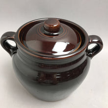Load image into Gallery viewer, Vintage Brown Glaze Stoneware Crock Bean Pot With Handles and Lid Pottery USA (6")(As Is)
