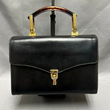Load image into Gallery viewer, Vintage Chandler Black Leather Tortoise Handle Handbag (6.5x9x4")Purse
