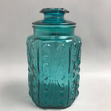 Load image into Gallery viewer, Vintage LE Smith Imperial Atterbury Scroll Canister Jar Teal Glass Apothecary (9.5x5.5)
