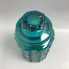 Load image into Gallery viewer, Vintage LE Smith Imperial Atterbury Scroll Canister Jar Teal Glass Apothecary (9.5x5.5)
