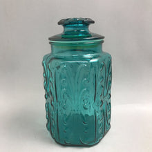 Load image into Gallery viewer, Vintage LE Smith Imperial Atterbury Scroll Canister Jar Teal Glass Apothecary (9.5x5.5)
