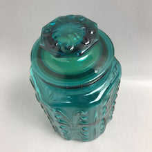 Load image into Gallery viewer, Vintage LE Smith Imperial Atterbury Scroll Canister Jar Teal Glass Apothecary (9.5x5.5)
