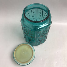 Load image into Gallery viewer, Vintage LE Smith Imperial Atterbury Scroll Canister Jar Teal Glass Apothecary (9.5x5.5)

