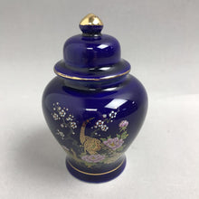 Load image into Gallery viewer, Vintage Japanese Blue, Gold With Peacocks &amp; Flowers Lidded Ginger Jar(4")
