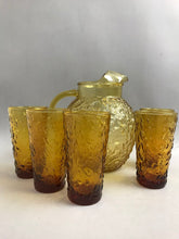 Load image into Gallery viewer, MCM Amber Crinkle Pitcher &amp; 5 Tumblers Set Anchor Hocking Honey Gold (8")
