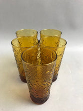 Load image into Gallery viewer, MCM Amber Crinkle Pitcher &amp; 5 Tumblers Set Anchor Hocking Honey Gold (8")
