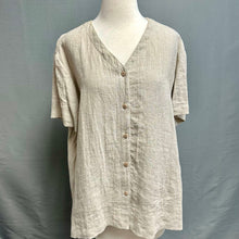 Load image into Gallery viewer, Eileen Fisher Tan Stripe Button Down Short Sleeve Top (L)
