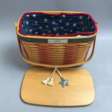 Load image into Gallery viewer, Longaberger Collector Club 2001 Whistle Stop Basket w/Protector and Star Liner w/Lid (8x10x6)
