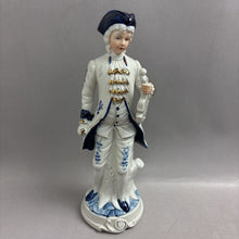 Load image into Gallery viewer, Blue &amp; White Dutch Colonial-Style Man w/ Instrument Figurine (13.5")
