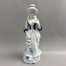 Load image into Gallery viewer, Blue &amp; White Dutch Colonial-Style Woman Figurine w/ Purse &amp; Hat (12")
