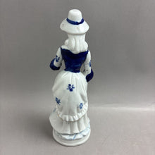 Load image into Gallery viewer, Blue &amp; White Dutch Colonial-Style Woman Figurine w/ Purse &amp; Hat (12")
