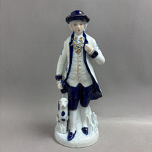 Load image into Gallery viewer, Blue &amp; White Dutch Colonial-Style Man w/ Dog Figurine (~12")
