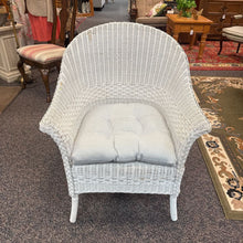 Load image into Gallery viewer, White Wicker Chair With Blue Checkered Cusion (36x29x28)(As Is)
