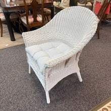 Load image into Gallery viewer, White Wicker Chair With Blue Checkered Cusion (36x29x28)(As Is)
