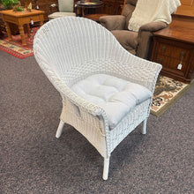 Load image into Gallery viewer, White Wicker Chair With Blue Checkered Cusion (36x29x28)(As Is)
