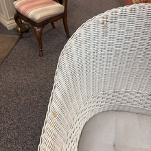 Load image into Gallery viewer, White Wicker Chair With Blue Checkered Cusion (36x29x28)(As Is)
