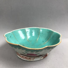 Load image into Gallery viewer, Antique Qing Dynasty Turquoise Enameled Small Lobed Floral Bowl Hand Painted (2x7)
